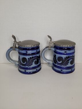 Two Vintage Salt Glazed Stoneware Blue Beer Stein Gerz RM Stamped Numbered